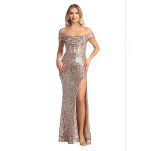 Cindy Collection Elegant Sequin Off-Shoulder Dress Gold Size Small‎